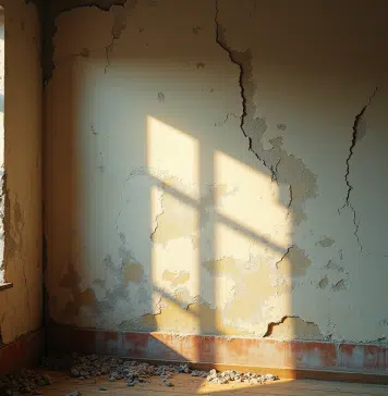 Fissures dans une vieille maison : signe de vieillissement normal ou problème à traiter ? Détail d'un mur intérieur ancien avec fissures et peinture fanée
