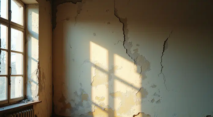 Détail d'un mur intérieur ancien avec fissures et peinture fanée