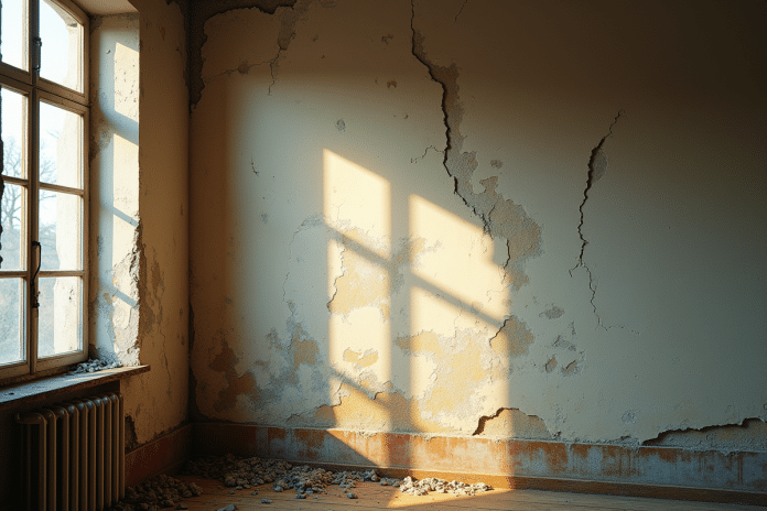 fissures-platre-vieux-maison Détail d'un mur intérieur ancien avec fissures et peinture fanée