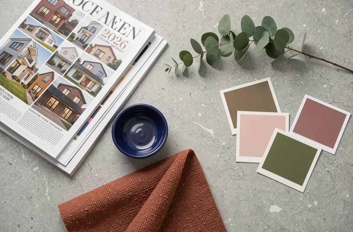 Flat lay éditorial de nuanciers, objets déco et échantillons de tissus illustrant les tendances couleurs design intérieur 2026