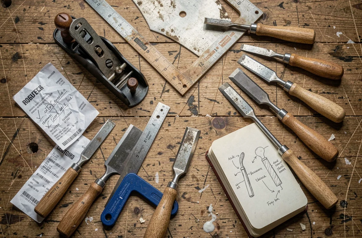 Vue du dessus d'un établi avec une sélection comparative d'outils de menuiserie et des notes d'achat manuscrites