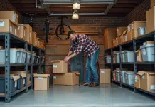 Homme d'âge moyen organisant des boîtes dans un garage propre