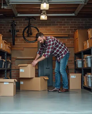 Homme d'âge moyen organisant des boîtes dans un garage propre