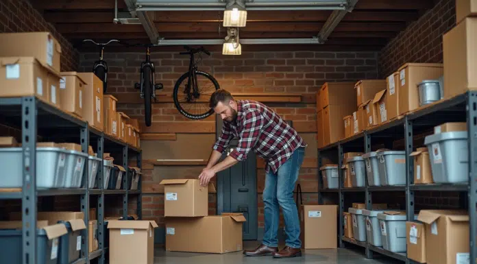 Homme d'âge moyen organisant des boîtes dans un garage propre