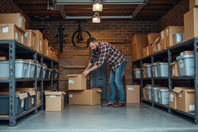 Homme d'âge moyen organisant des boîtes dans un garage propre