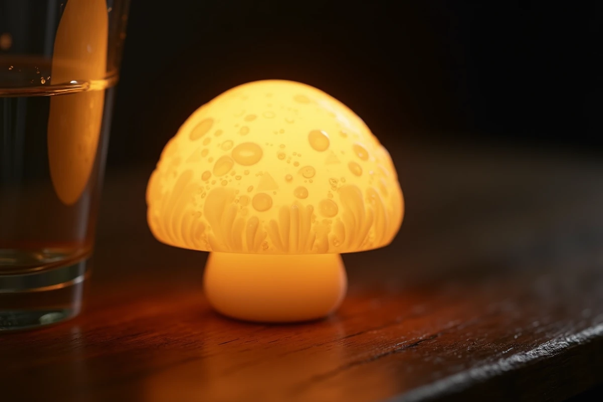 Gros plan sur la texture en silicone translucide d'une lampe de chevet champignon USB posée sur une surface en bois sombre