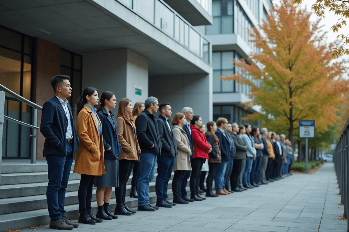 Groupe d employés lors d un exercice incendie devant un bâtiment moderne