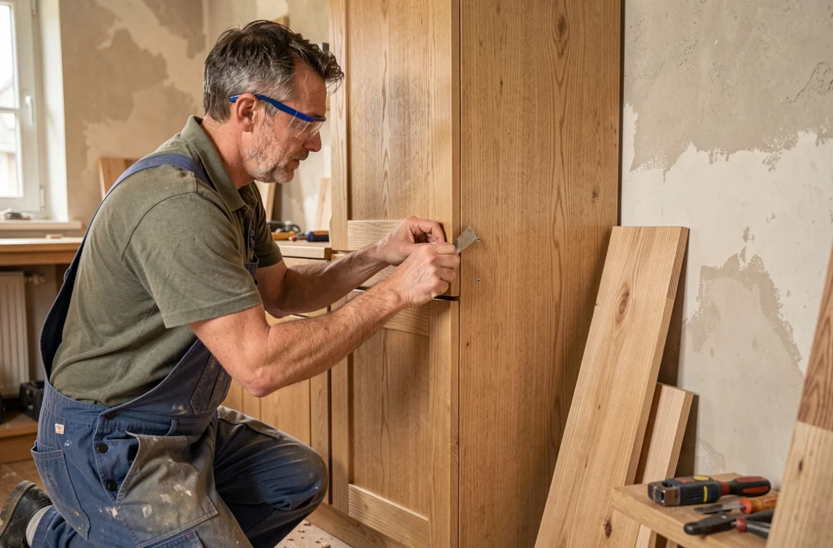 Artisan cuisiniste de Guillemain Stéphane SAS posant des meubles de cuisine en bois massif lors d'une rénovation dans les Ardennes