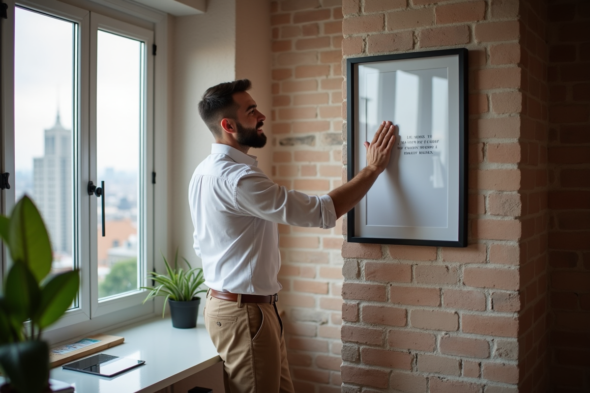 Homme ajustant une affiche dans un bureau attic