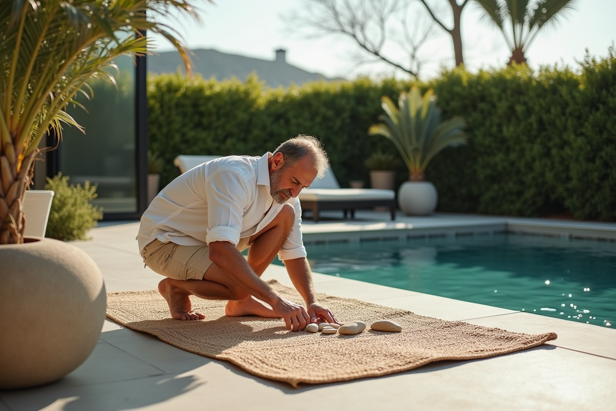 Homme arrangeant des pots en terrasse ombragée