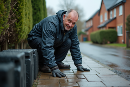 Homme en tenue étanche près d'une barrière d'inondation