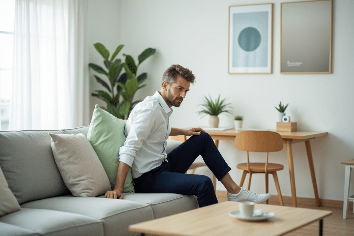 Homme posant un coussin vert dans un salon scandinave lumineux