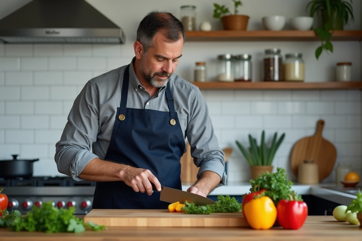 Homme en train de cuisiner dans une cuisine moderne, contexte d'éclairage en lumens adapté aux tâches culinaires