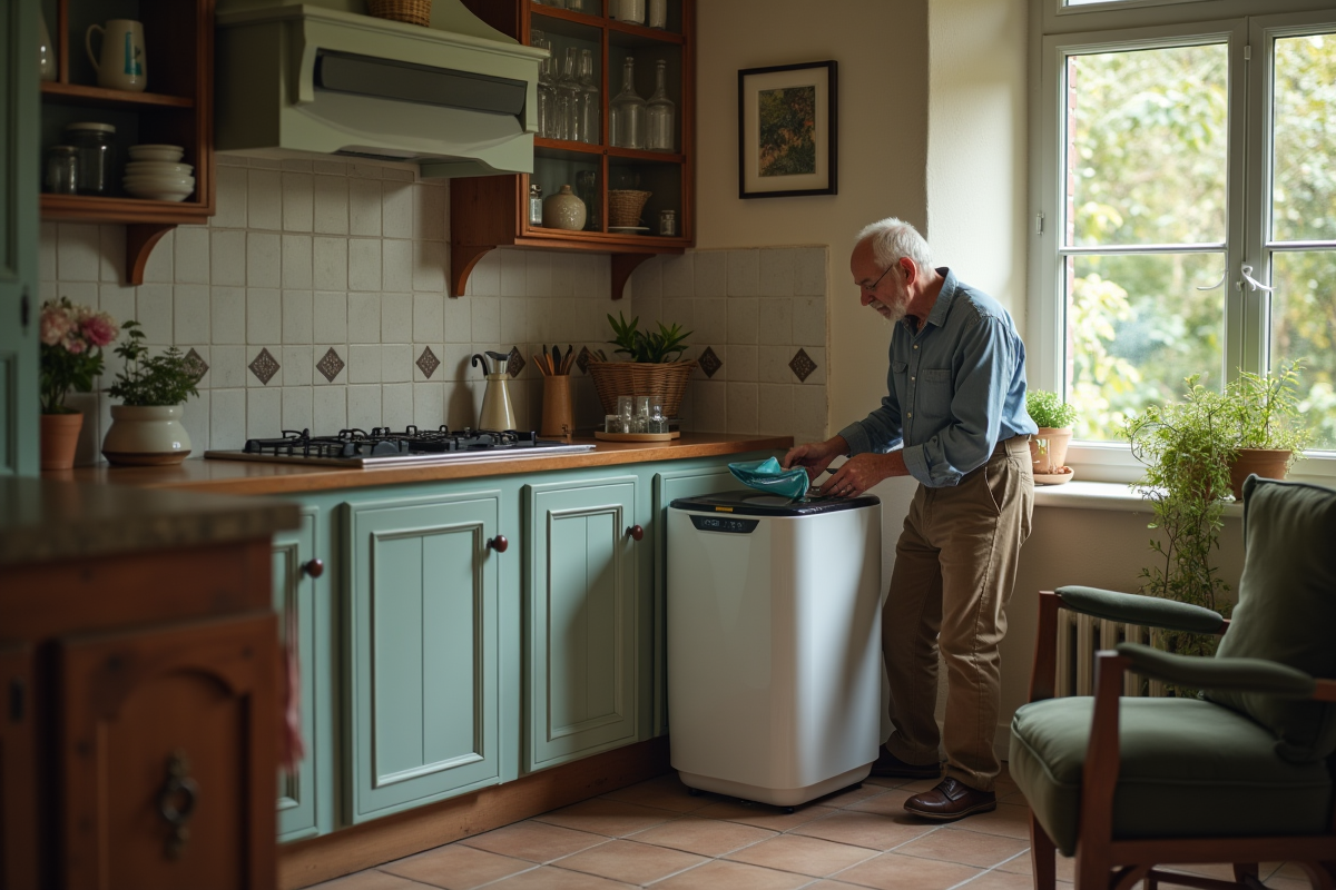 Homme posant un déshumidificateur dans une cuisine vintage