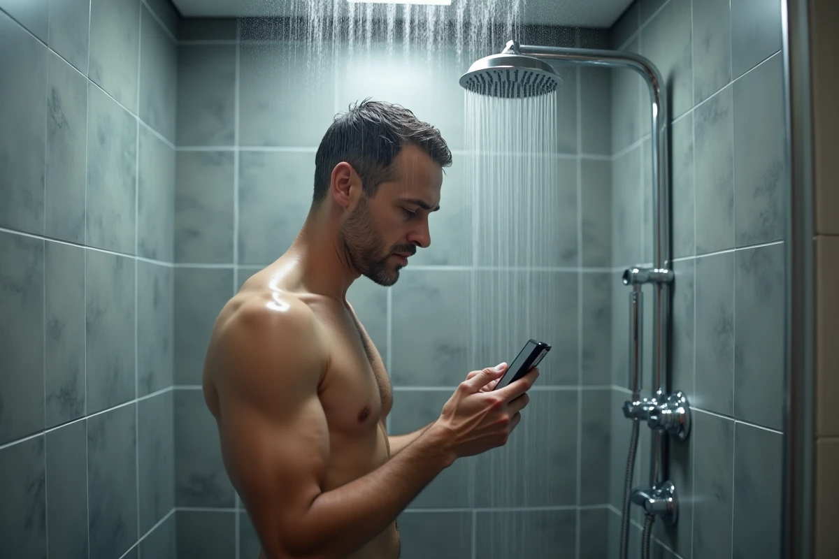 Homme sous la douche qui utilise son téléphone et gaspille l'eau sans s'en rendre compte