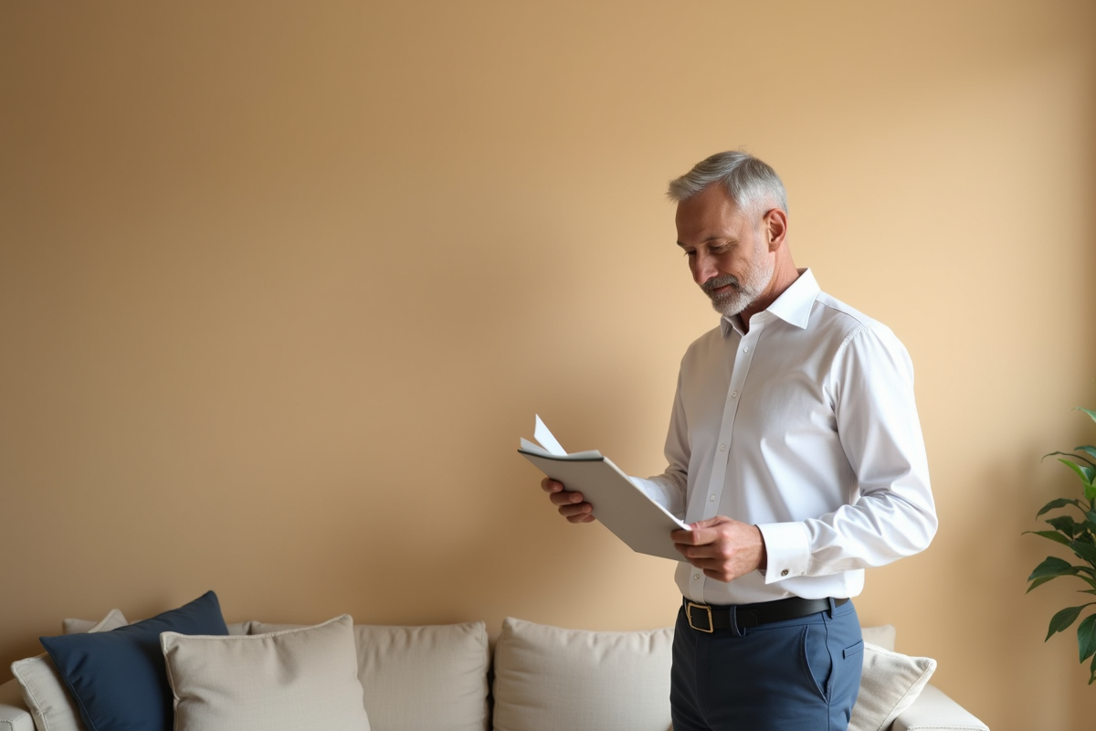 Homme examine un échantillon de couleur beige dans un intérieur moderne