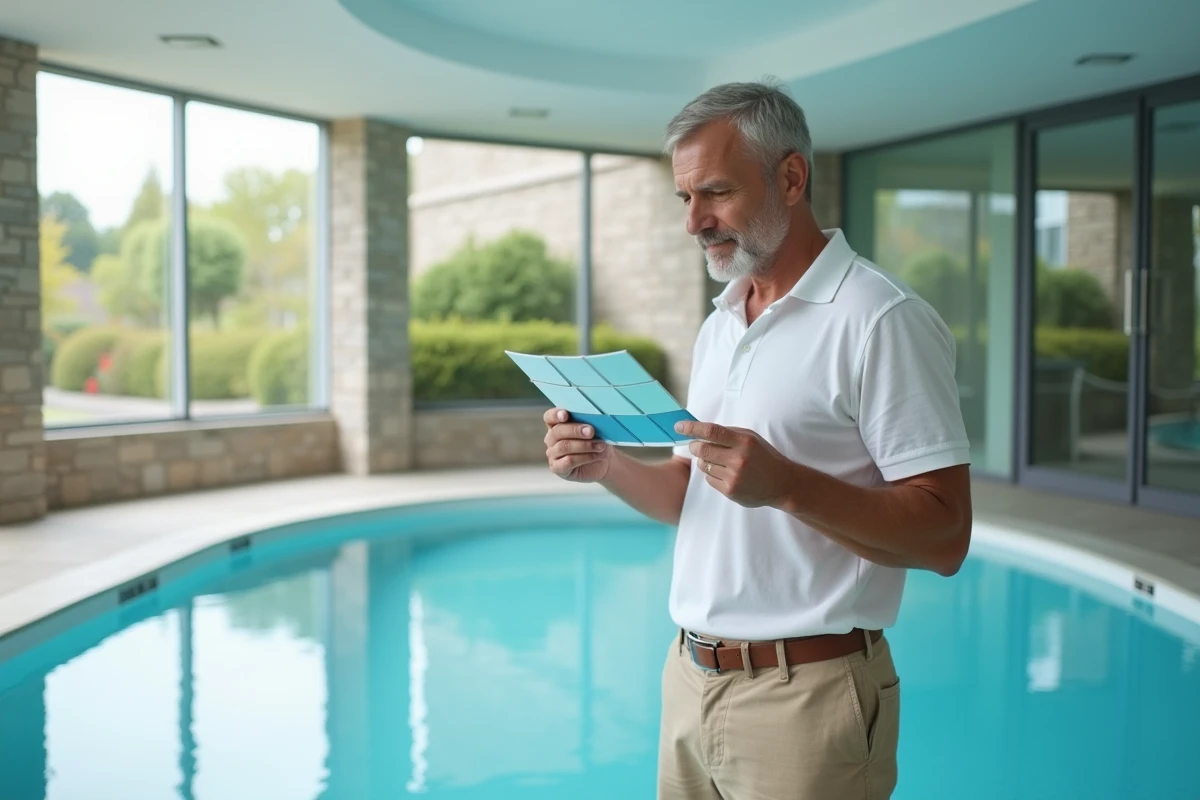Homme examinant des échantillons de liner de piscine intérieure