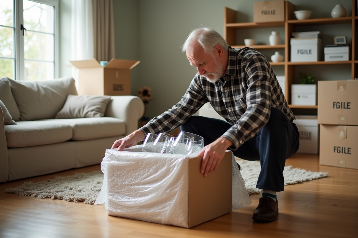 Homme âgé rangeant des verres dans une boîte à la lumière naturelle