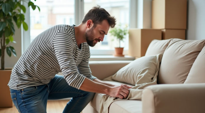 Homme en jeans et rayé emballant un canapé beige