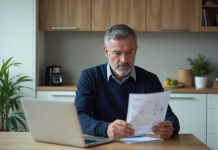 Prix bilan énergétique : tarif, calcul et conseils pour économiser Homme d'âge moyen examine sa facture d'énergie dans la cuisine