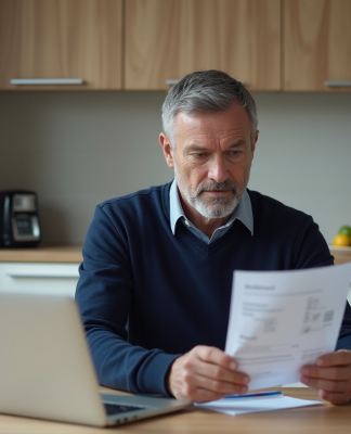 Homme d'âge moyen examine sa facture d'énergie dans la cuisine