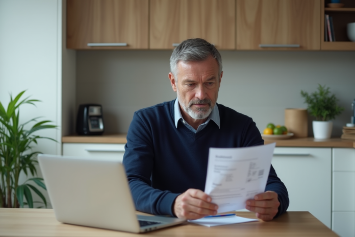 homme-energie-facture-kitchen Homme d'âge moyen examine sa facture d'énergie dans la cuisine