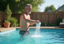 Clarifier l’eau de la piscine naturellement : astuces et solutions efficaces Homme d'âge moyen versant du bicarbonate dans une piscine extérieure