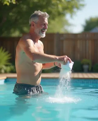 Homme d'âge moyen versant du bicarbonate dans une piscine extérieure