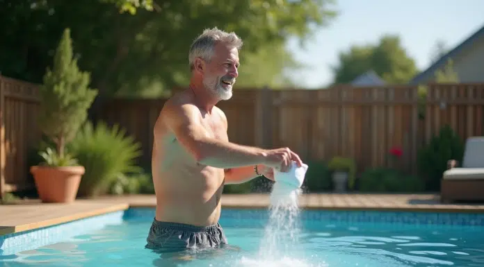 Homme d'âge moyen versant du bicarbonate dans une piscine extérieure