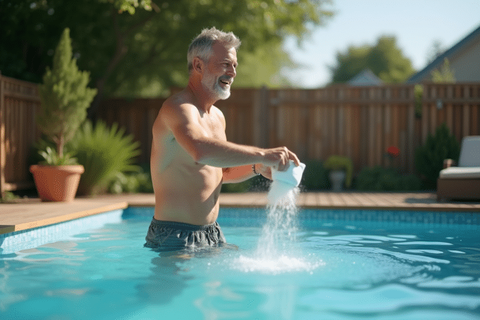 Homme d'âge moyen versant du bicarbonate dans une piscine extérieure