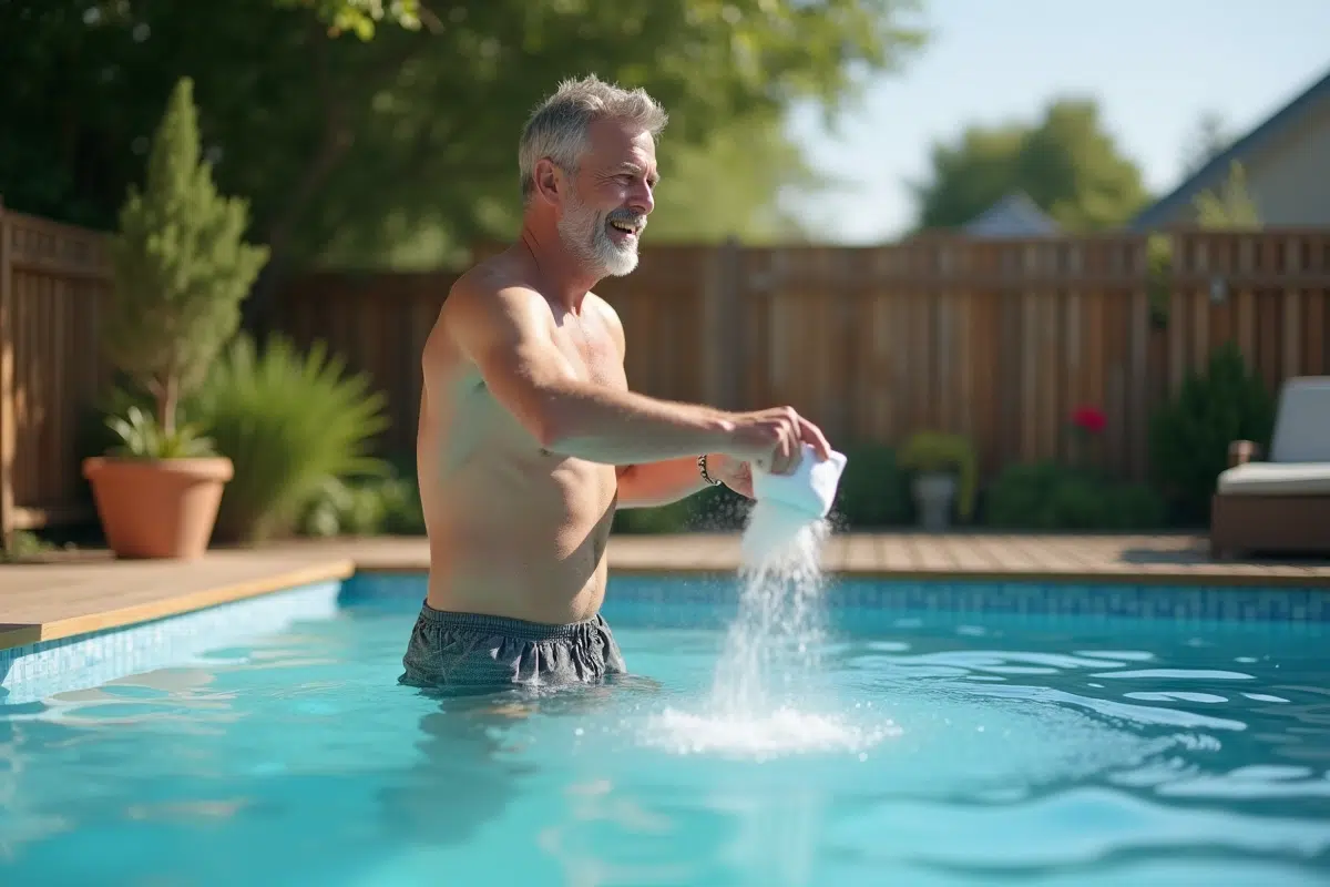 Homme d'âge moyen versant du bicarbonate dans une piscine extérieure