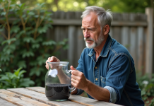 Nettoyage de l’eau : charbon, combien de temps ? Homme d'âge moyen vérifiant un pichet d'eau et charbon actif dans un jardin