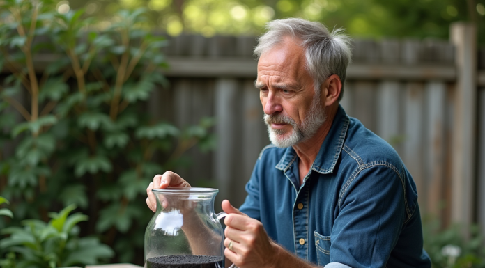 Homme d'âge moyen vérifiant un pichet d'eau et charbon actif dans un jardin