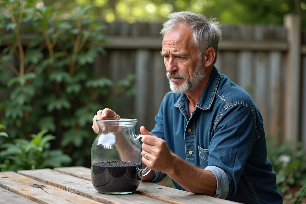 Homme d'âge moyen vérifiant un pichet d'eau et charbon actif dans un jardin