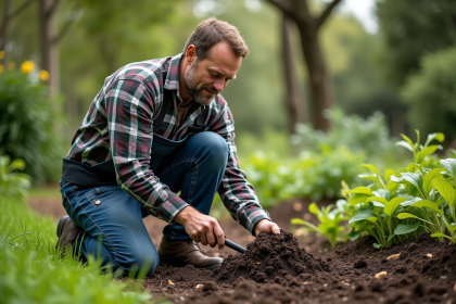 Homme d'âge moyen en vêtements de travail dans un jardin en train de mélanger du compost
