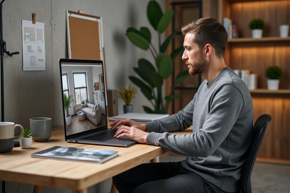 Homme utilisant un logiciel de simulation décoration intérieure sur ordinateur portable dans un bureau à domicile