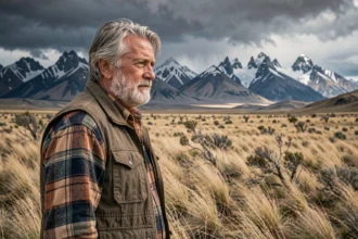 Homme aux cheveux argentés contemplant les paysages sauvages de Patagonie avec les Andes enneigées en arrière-plan