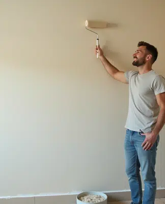 Homme en vêtements décontractés appliquant une sous-couche sur un mur intérieur