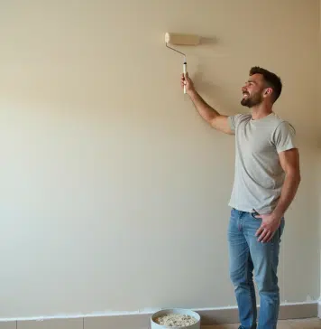 Appliquer l’apprêt avec un rouleau : astuces et conseils pratiques Homme en vêtements décontractés appliquant une sous-couche sur un mur intérieur