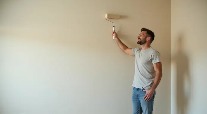 Homme en vêtements décontractés appliquant une sous-couche sur un mur intérieur