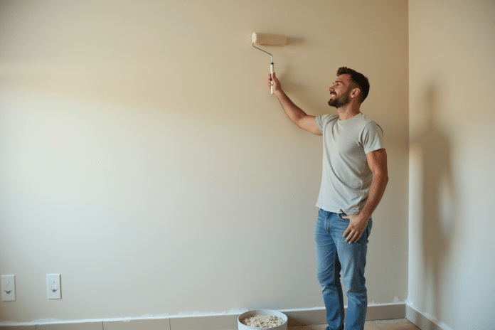 Homme en vêtements décontractés appliquant une sous-couche sur un mur intérieur