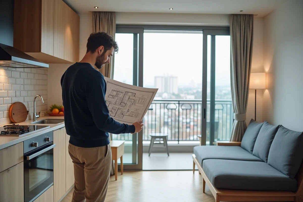 Homme comparant un plan d'appartement imprimé avec l'aménagement réel d'un studio optimisé