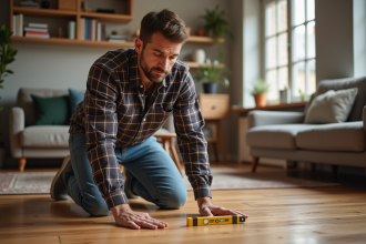 Homme en travail vérifiant un plancher en bois avec niveau