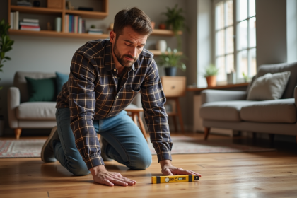Homme en travail vérifiant un plancher en bois avec niveau