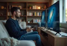 Homme en salon compare deux télévisions modernes