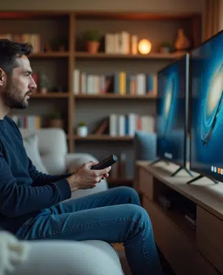 Homme en salon compare deux télévisions modernes