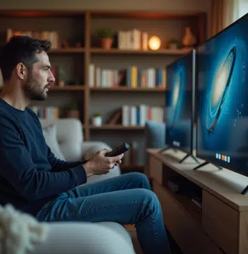 Comparatif QLED vs 4K LED : Quel écran choisir pour une qualité d’image optimale ? Homme en salon compare deux télévisions modernes