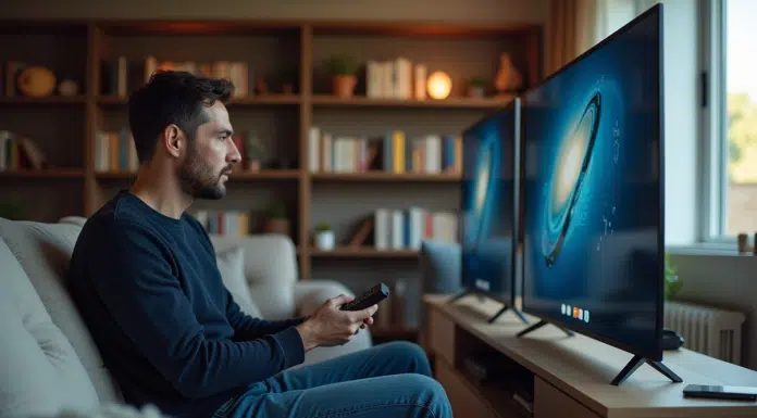 Homme en salon compare deux télévisions modernes