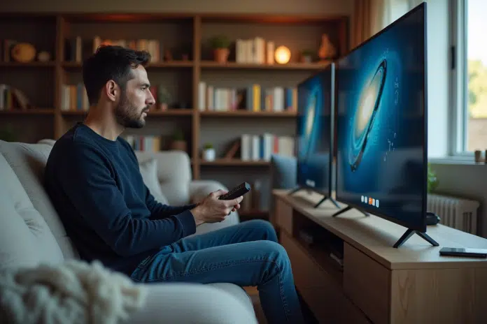 Homme en salon compare deux télévisions modernes