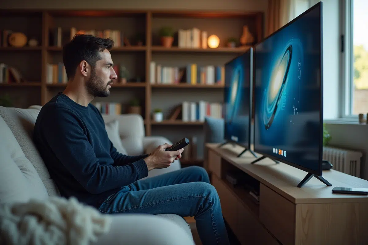 Homme en salon compare deux télévisions modernes